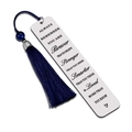 Detailed view of silver stainless steel bookmark with blue tassel and inspirational text - A9-Blue Tassel Inspirational