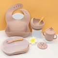 Pink silicone baby feeding set with suction bowl, plate, cup, and wooden handle utensils - Light Pink