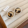 Retro round leopard print stud earrings in cream white frame with amber texture - Leopard Amber Hoop Studs (78#)