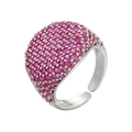 Macro shot of silver adjustable ring featuring pavé set pink purple gemstones and wide band - Adjustable Open / Platinum - Rose Red Zirconia