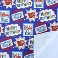 Blue Happy Birthday gift wrapping paper with colorful labels and cutting grid back - Birthday English Letters