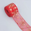 Dettaglio nastro natalizio trasparente rosso con motivo di bastoncino di zucchero dorato. - Rotolo Di Carta Da Regalo Natalizia Rossa Larga 5 Cm 10 Iarde