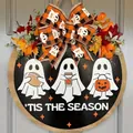 Halloween Round Wooden Door Sign with Three Ghosts and 'Tis the Season Greeting - Halloween Ghost Maple Sign