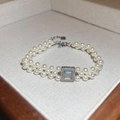 Double-layer pearl bracelet with square blue gemstone and silver extension chain - 60# Bracelet-White-Blue-Gold Plated
