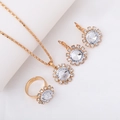 Golden bridal jewelry set with round crystal necklace, earrings, and ring in sunflower design - Three-Piece Set / Round-White