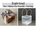 Square brown woven gift box with light grey satin ribbon and transparent PVC tote bag - Light Gray With Tote Bag