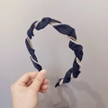 Black twisted headband with pleated fabric, white faux pearls and gold chain link detail - 220405 Wrapped Black