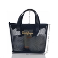 Portable black nylon mesh travel toiletry bag with golden text and handle - Model 029 Cylinder Gold LOGO