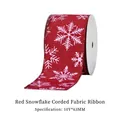 Red Christmas snowflake wired ribbon with white print and sewn edge, 63mm width - Red Background White Snowflake