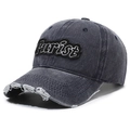 Distressed dark blue denim baseball cap with Purist embroidery and ripped brim - Adjustable / Navy Blue