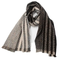 Detail shot of striped knitted scarf with black, white, beige textures and fringe ends - Black & White / 185x65cm