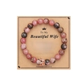 Pink zebra stone beaded bracelet with rose gold crown charm on wife gift card - Rhodochrosite + Crown + Card