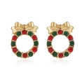 Detail of Christmas wreath earrings with gold bow and red green crystal stones - Gold Wreath Stud Earrings