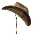 Classic wide-brim striped woven straw hat with adjustable brown chin strap for women - One Size / Light and Dark Brown Striped Style (5#)