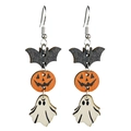 Bohemian Halloween wooden earrings featuring black bat, orange pumpkin, and white ghost - Bat Pumpkin Ghost
