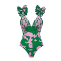 Floral print one-piece swimsuit with ruffled shoulders and vibrant green-pink contrast - S / Green Floral One-piece Swimsuit