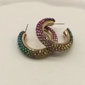 Detailed close-up of C-shaped hoop earrings with multi-color gradient rhinestones - Rainbow
