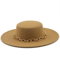 Classic camel wide brim flat top wool fedora hat featuring a stylish chunky gold chain - M (56-58cm) / Camel