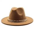 Detail of a brown fedora hat featuring a stylish chunky gold chain band ornament - Light Coffee