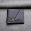 Men's bifold black leather wallet with white stitching and silver metal corner accent - Black