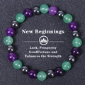 Détail du bracelet en perles d'apatite bleue et turquoise avec texte New Beginnings - Perles Violet Vert Gris Avec Pendentif Lotus (Depression-3)