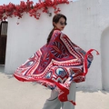 Ethnic style bright red beach shawl with bohemian patterns and fringe accents - Totem Flowers