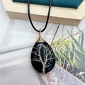 Handmade tree of life necklace with teardrop black stone and golden wire wrap - Obsidian Gold