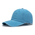 Sky blue washed cotton baseball cap with vintage finish and curved brim in side view - Lake Blue