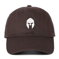 Close-up of white spartan helmet embroidery on a dark brown cotton baseball cap - Coffee / Adjustable