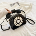 Retro telephone shaped handbag in black patent leather with vintage dial and spiral cord - Black