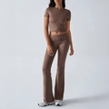 Women's 2-piece solid brown slim fit set with short sleeve crop top and flared pants - S / Brown