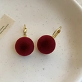 Vintage round velvet drop earrings in deep red with gold finish and lever-back - 66# Earring Buckle Gold Red Flocking Hoop Buckle
