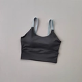 Detail of high-support sports bra with grey fabric and light blue contrast double straps - S / Grey/Light Blue