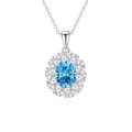 S925 silver necklace with an oval blue sapphire gemstone in a classic halo setting - 925 Silver / Sea Blue (FDDZ-041)