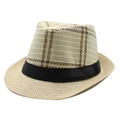 Nahaufnahme eines Strohhutes mit braunem Karomuster und schwarzem Band im Fedora-Stil - M(56-58cm) / Beige