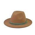 Detailed texture of brown wool felt boater hat with a bold green chain accent - Adult 57-60cm / Brown With Green Chain (01)