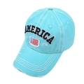 Detail of distressed light blue baseball cap with America embroidery and USA flag patch - Lake Blue