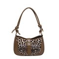 Fashionable leopard print shoulder bag with olive green leather trim and knot strap - Coffee