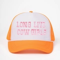 Orange and white trucker hat with Long Live Cowgirls embroidery and breathable mesh - One Size / Orange