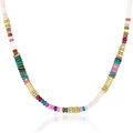 Bohemian multicolored stone bead necklace with polished gold metal spacers on white back - Style 19 (Mixed Colors) (6mm)