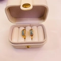 Gold plated hoop earrings with three turquoise stones and cubic zirconia accents - Sky Blue Gemstone Rhinestone Row (With Box) (EH410006 Blue)