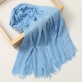 Elegant light blue cotton linen scarf with soft fringe edges in a wooden frame - 180*100cm / Light Blue (TH39-21)