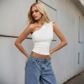 White one-shoulder ruched top with light blue wide-leg jeans for a chic summer look - S / White
