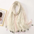 Floral cotton linen feel scarf with green botanical prints and purple tassel accents - C1103 Cream Plant Floral