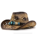 Classic Western woven straw cowboy hat with turquoise beads and wide roll-up brim - Khaki & Black