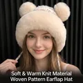 Beige plush winter hat with cute antlers, knit pattern, and fluffy earflaps for women - Rendered Four Pom Plush Hat / Beige
