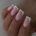 Elegant classic French tip false nails with nude pink base and glossy square oval shape - Minimalist French Nude Pink White Style (JP3556)