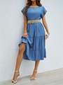 Abito midi blu a maniche corte con balze e cintura intrecciata beige donna - S / Blu