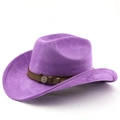 Detail of purple faux suede cowboy hat showing leather band and vintage metal emblem - M (56-58cm) / Taro Purple