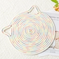Close-up of cat-ear cotton coaster with colorful zigzag stitching and woven texture - Blue Multicolor